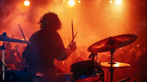 Rhythmic Groove and Concert Energy: Drummer's Beat and Fans' Pulse Ignite Passion and Vibrancy in Live Music Performance