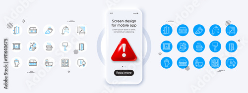 Lamp, Mattress and Fireplace line icons. Phone mockup with 3d danger icon. Pack of Coffee cup, Latte, Open door icon. Entrance, Stand lamp, Triangle area pictogram. Vector