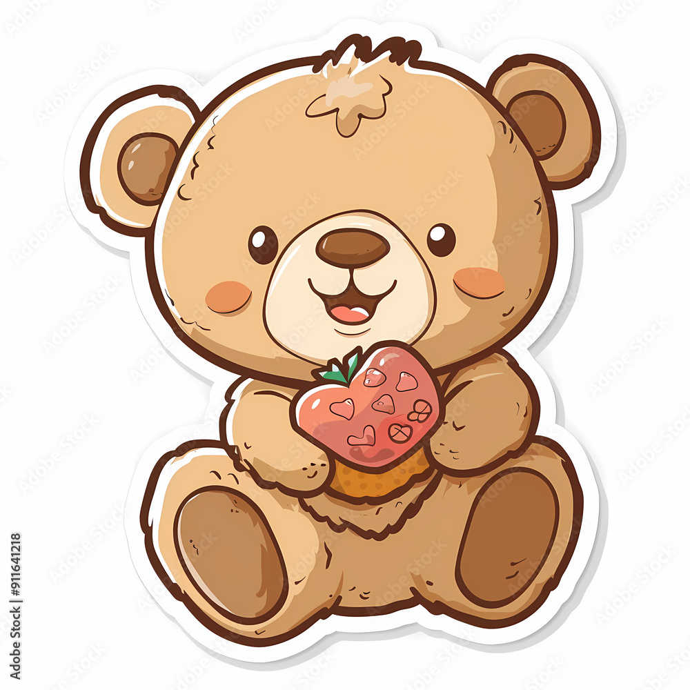 Cute cartoon teddy bear holding a strawberry cupcake, inviting joy and warmth. Cute cartoon teddy bear holding a strawberry cupcake, inviting joy and warmth.