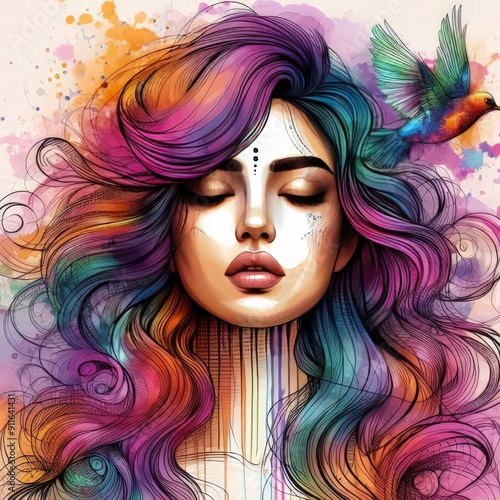 Capture the powerful image of a woman glowing with inner and outer light, her colorful hair symbolizing emotional and mental health. She listens to music, reflecting her journey as a migrant.