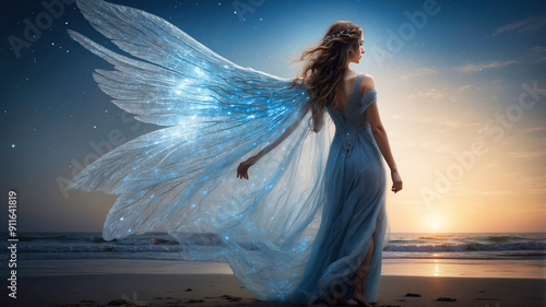 Fantasy image of a woman or fairy with blue wings on a beach in the evening