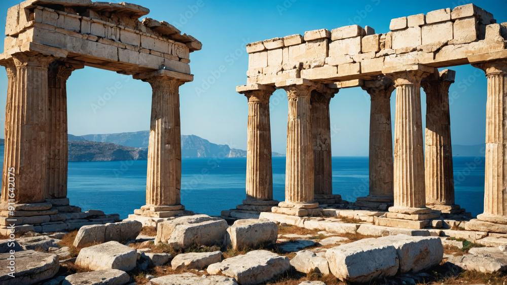 Fototapeta premium A nostalgic scene featuring a beautifully ancient Greek temple overlooking a serene blue sea