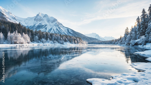 A winter landscape featuring a lake surrounded by snow-covered mountains and trees