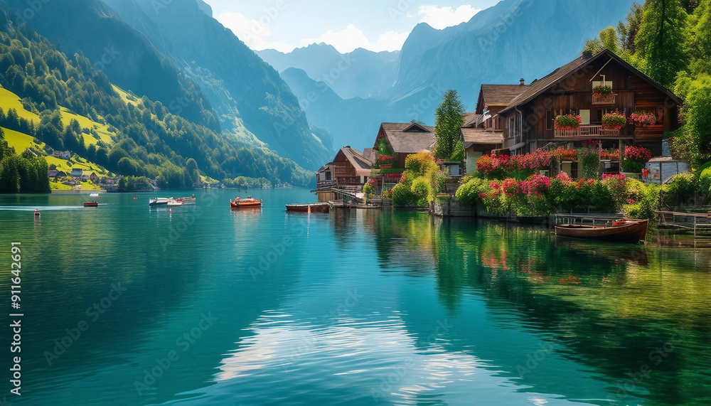 Naklejka premium A charming village nestled between majestic mountains and a serene lake features traditional wooden houses with colorful flower boxes, bathed in warm summer sunlight.