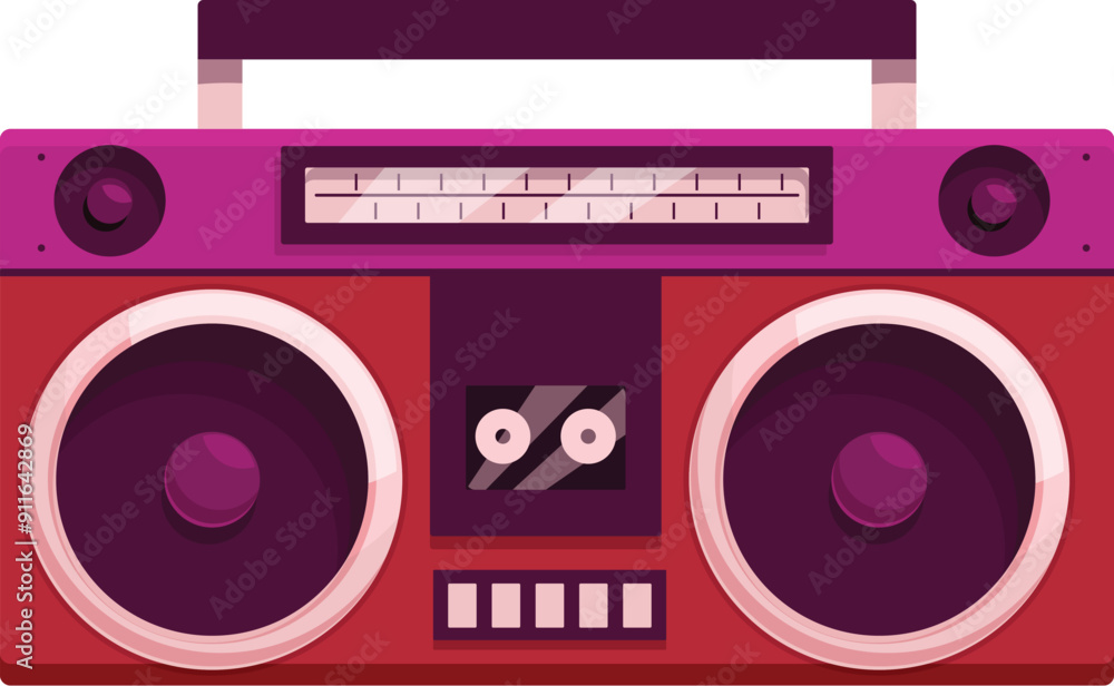 Fototapeta premium Red and purple boombox playing music with radio tuner and speakers, isolated on white background