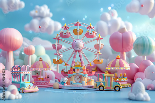 3D amusement park in soft blue and pink colors
