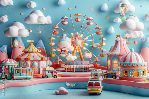 3D amusement park in soft blue and pink colors