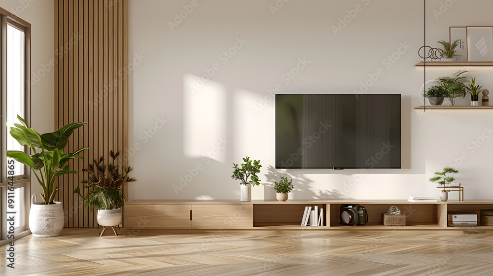 Modern scandinavian interior ,empty wall space for tv,wood shelf and white wall, 3d render Modern scandinavian interior ,empty wall space for tv,wood shelf and white wall, 3d render