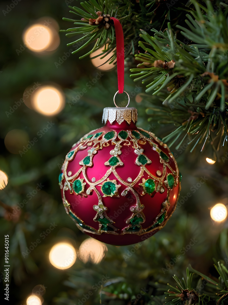 Close up of a Christmas tree ornament hanging from a Christmas tree Close up of a Christmas tree ornament hanging from a Christmas tree