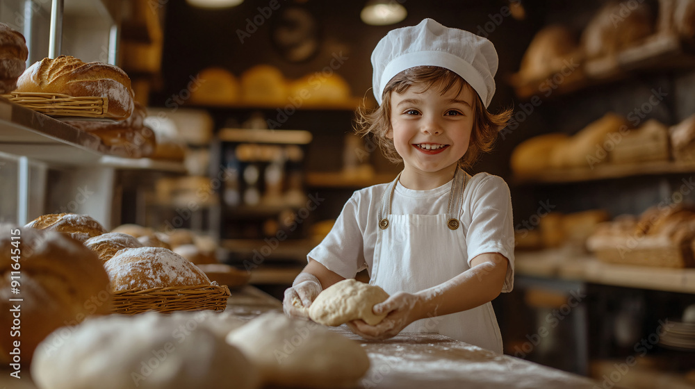 a child is kneading dough in bakery a child is kneading dough in bakery