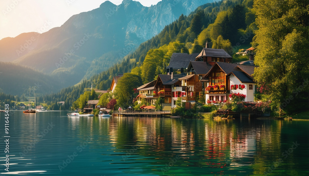 A charming village nestled between majestic mountains and a serene lake features traditional wooden houses with colorful flower boxes, bathed in warm summer sunlight. A charming village nestled between majestic mountains and a serene lake features traditional wooden houses with colorful flower boxes, bathed in warm summer sunlight.