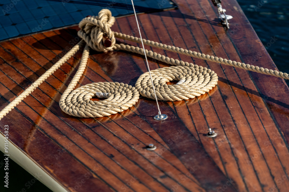 Obraz premium yacht in the harbor with danish flag waving on a blue sky