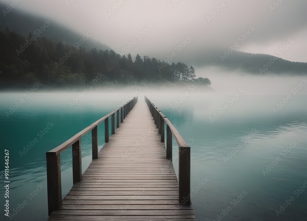 Naklejka premium A Beautiful Serene Lake View Featuring a Wooden Pier Set Within a Misty Landscape Scene