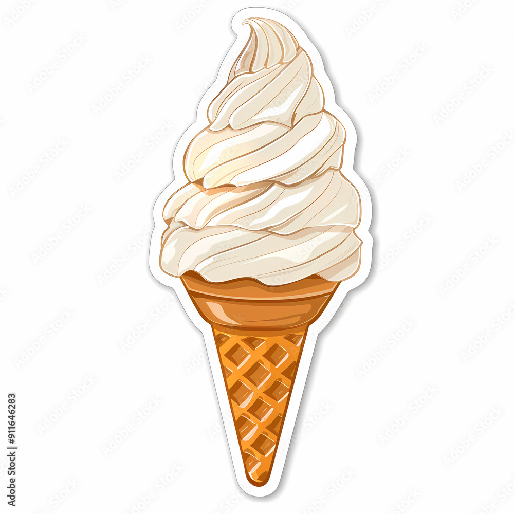 A delicious cone of soft serve ice cream with a creamy swirl on a crispy waffle cone. A delicious cone of soft serve ice cream with a creamy swirl on a crispy waffle cone.