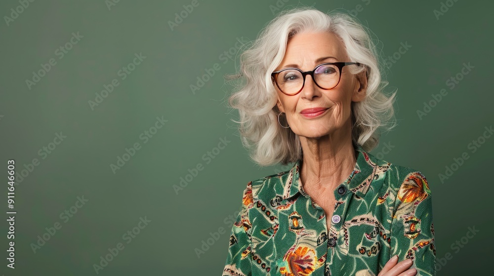 A beautiful elderly woman in an elegant shirt on a green background. The woman smiles and laughs. A place for the text. A beautiful elderly woman in an elegant shirt on a green background. The woman smiles and laughs. A place for the text.