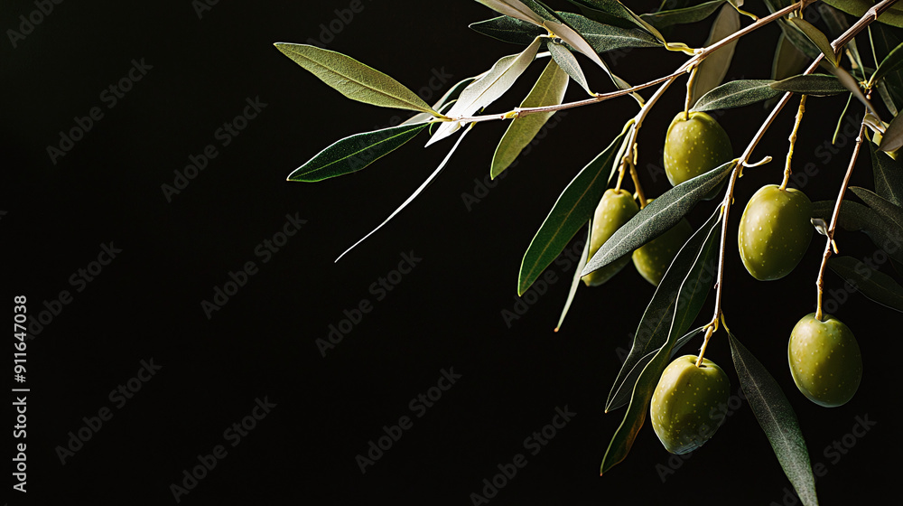 Obraz premium close-up of an olive tree's branches with ripe olives hanging from them, premium photography, moody black background
