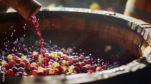 an artisanal wine-making process, with grapes being crushed underfoot in a large wooden vat