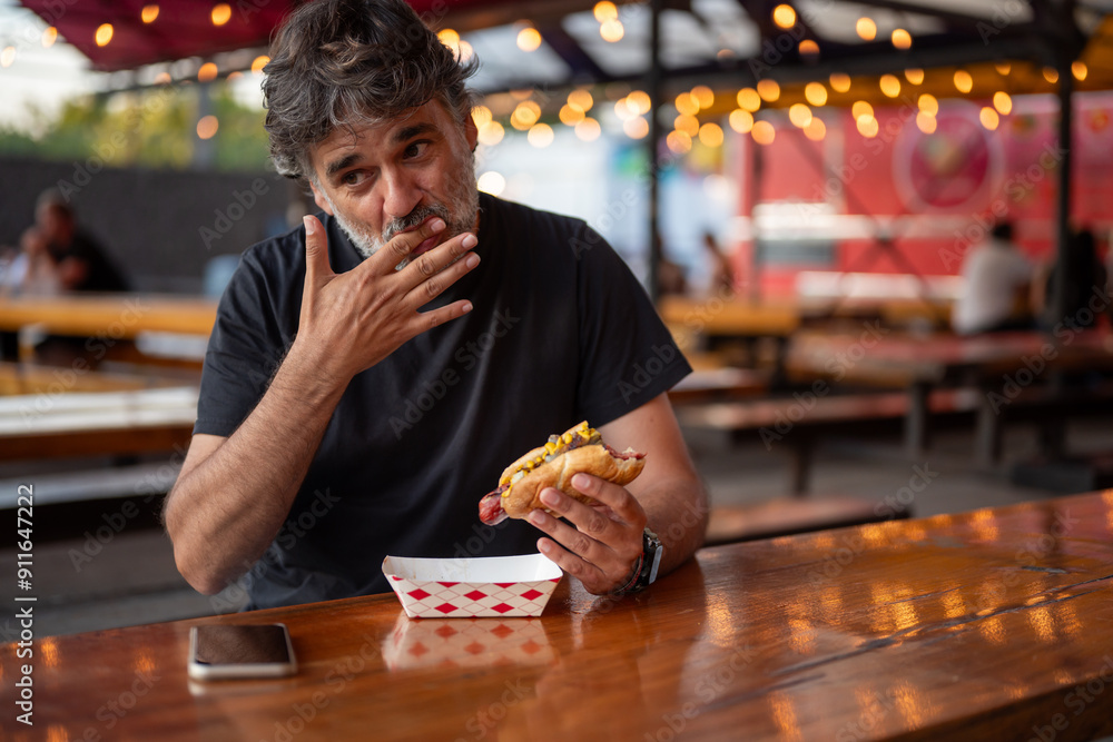 Man licking finger while eating Man licking finger while eating