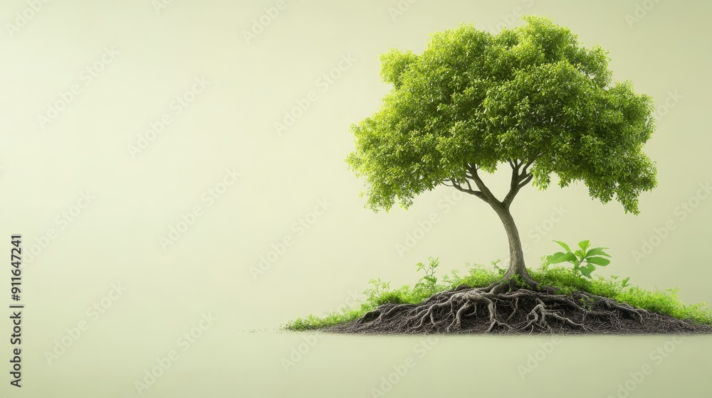 Lone Tree with Exposed Roots on Green Background Lone Tree with Exposed Roots on Green Background