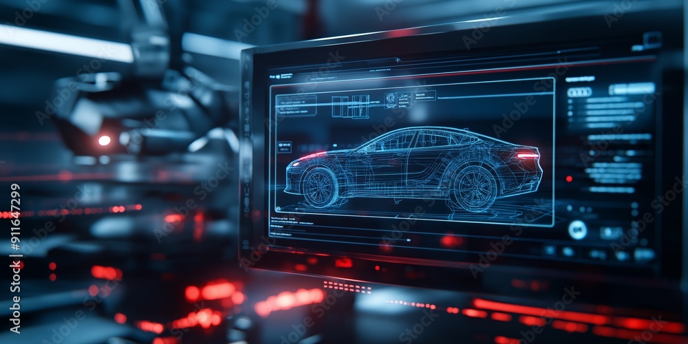 Fototapeta premium A high-tech holographic display of a car being designed and developed in a futuristic setting, showcasing advanced technology and innovation.