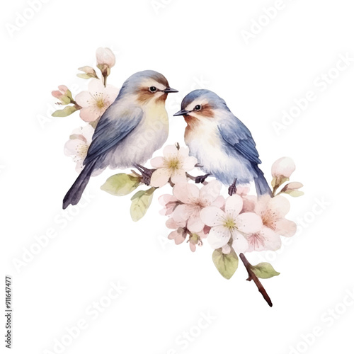 Watercolor birds and flower of spring ilustration vector, white backgrond