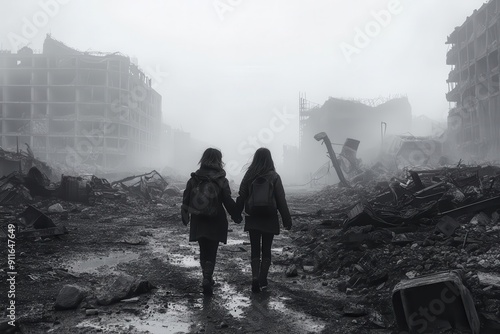 postapocalyptic urban ruins two young sisters walking handinhand military conflict in background emotional scene photo