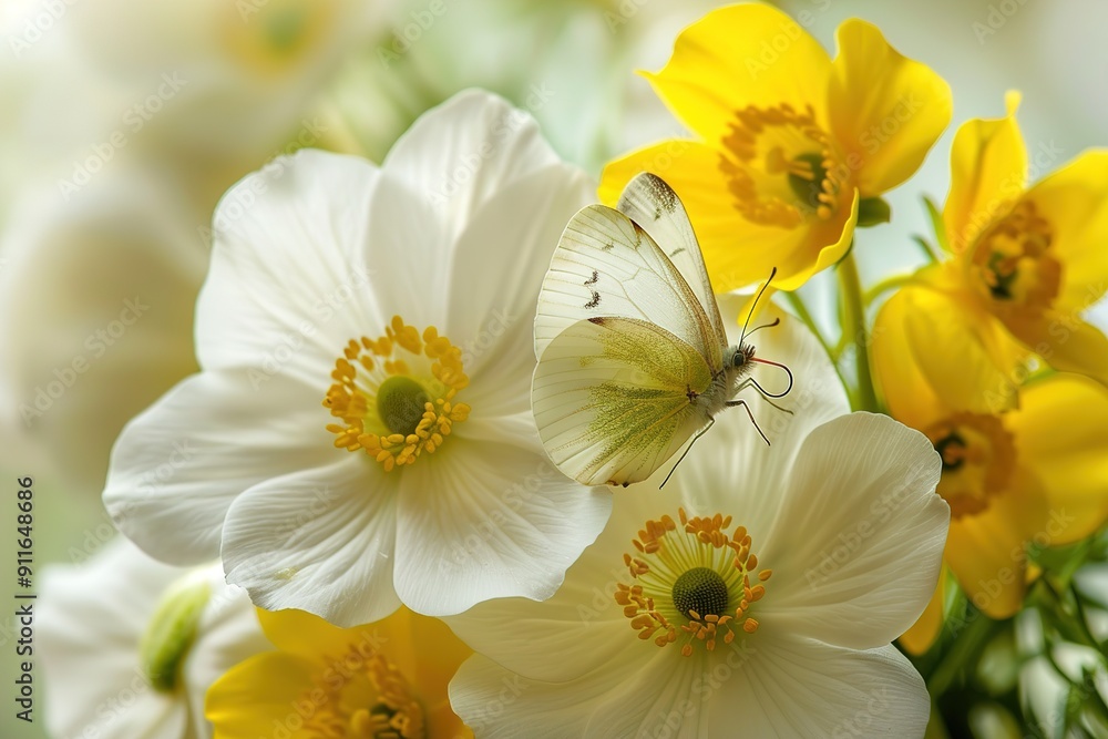 A butterfly sits on beautiful white anemones close-up. A butterfly sits on beautiful white anemones close-up.