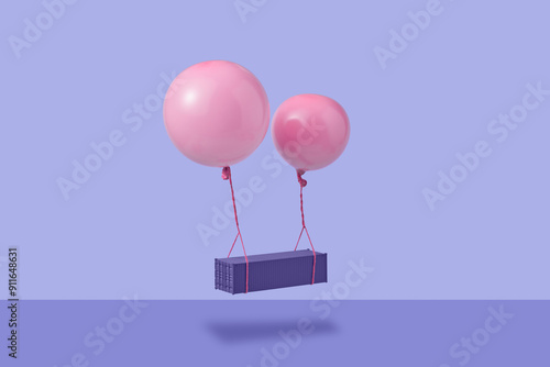 Pink gel balloons lifting cargo container over violet surface photo