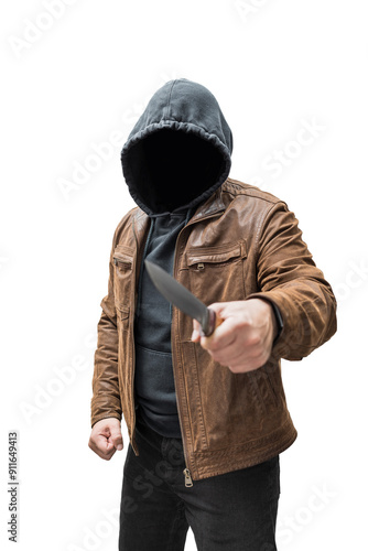 Tapet Dangerous faceless and criminal man wearing brown leather jacket and hoodie hold