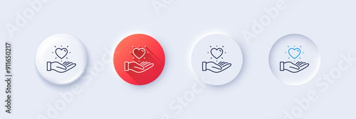 Hold heart line icon. Neumorphic, Red gradient, 3d pin buttons. Friends love sign. Brand ambassador hand symbol. Line icons. Neumorphic buttons with outline signs. Vector