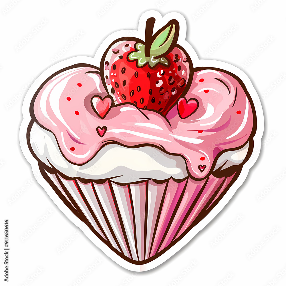 Luscious heart-shaped cupcake with pink frosting and a fresh strawberry on top, adorned with tiny hearts. Luscious heart-shaped cupcake with pink frosting and a fresh strawberry on top, adorned with tiny hearts.
