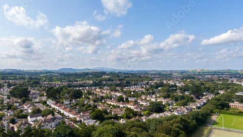 Aerial view on houses on coast of see in Newcastle, Northern Ireland. Coastal town, Drone photo photo