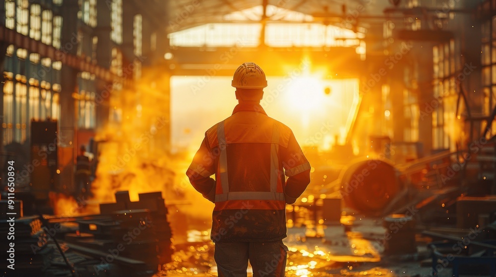 Silhouetted Worker in Industrial Setting at Sunset Silhouetted Worker in Industrial Setting at Sunset