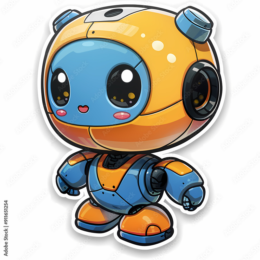 A cheerful cartoon robot character with blue and orange colors, featuring big sparkling eyes and a friendly smile.
