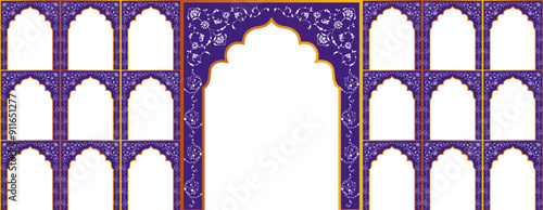 Set of windows Beautiful Arch small and Big Design with Indian Rajasthani fort jaipur palace wall art. Wedding Backdrop. Abstract Indian floral design, Persian carpet, tribal texture, Vector.
