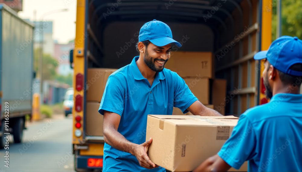 Indian Delivery Workers Smiling While Unloading Packages from Truck Indian Delivery Workers Smiling While Unloading Packages from Truck
