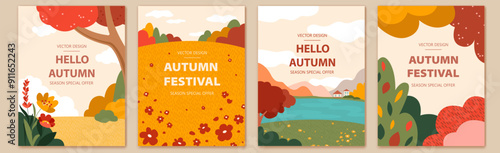 Autumn colorful abstract background, poster, card, cover. Bright trees, bushes, park, wood, forest. Nature concept. Fall mood landscape, flowers, lake, clouds.