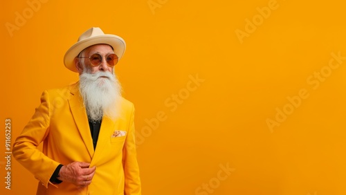 Stylish Elderly Man in Yellow Suit and Hat 