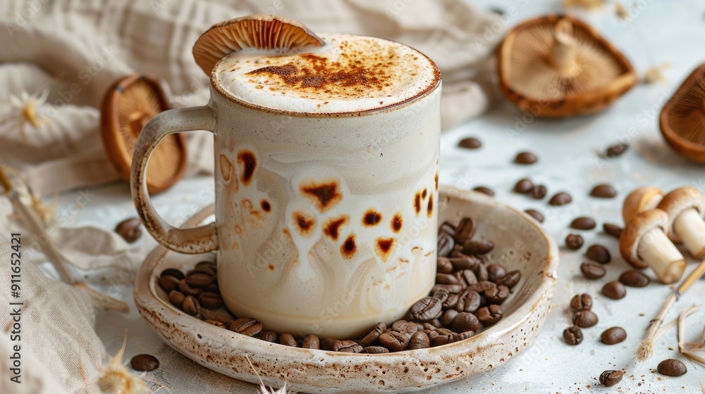 Mushroom Latte in Artisan Mug Surrounded by Coffee Beans. Close-up of a creamy mushroom latte in a ceramic mug, garnished with a mushroom slice Mushroom Latte in Artisan Mug Surrounded by Coffee Beans. Close-up of a creamy mushroom latte in a ceramic mug, garnished with a mushroom slice