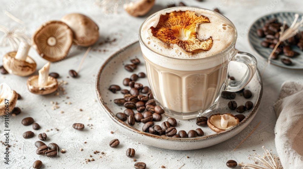 A cup of mushroom coffee surrounded by coffee beans and dried mushrooms. A unique blend of traditional coffee and mushroom ingredients for a healthy boost A cup of mushroom coffee surrounded by coffee beans and dried mushrooms. A unique blend of traditional coffee and mushroom ingredients for a healthy boost