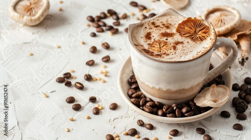 A cup of mushroom coffee surrounded by coffee beans and dried mushrooms. A unique blend of traditional coffee and mushroom ingredients for a healthy boost