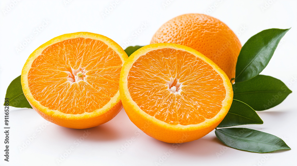 orange with cut in half and green leave isolated on white background orange with cut in half and green leave isolated on white background