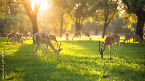 A herd of antelopes graze on a green lawn