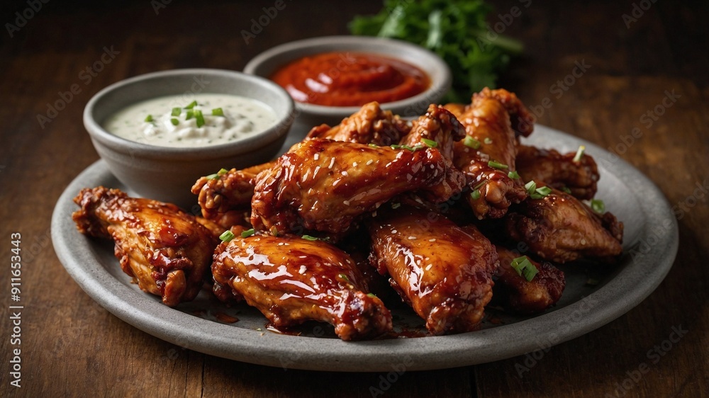 Spicy Chicken Wings: Glazed with Fiery Hot Sauce, Crispy Edges Fresh Off the Grill, Served with Celery Sticks and Creamy Ranch Dressing on a Rustic Platter in a Warm, Inviting Kitchen Setting Spicy Chicken Wings: Glazed with Fiery Hot Sauce, Crispy Edges Fresh Off the Grill, Served with Celery Sticks and Creamy Ranch Dressing on a Rustic Platter in a Warm, Inviting Kitchen Setting