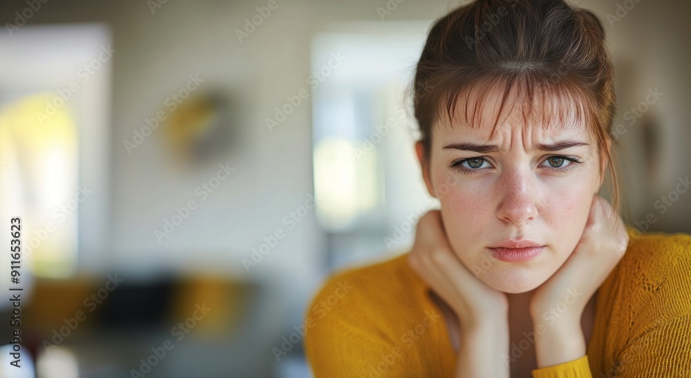 Portrait of a young girl in a yellow sweater. Young woman shows sad emotions. Portrait of a young girl in a yellow sweater. Young woman shows sad emotions.