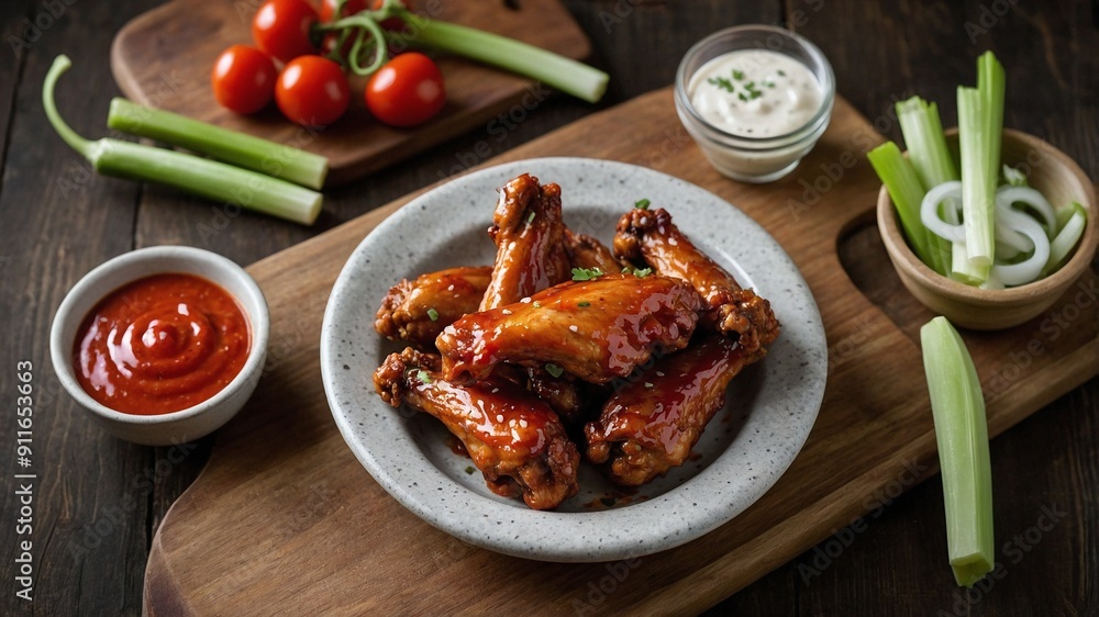 Spicy Chicken Wings: Glazed with Fiery Hot Sauce, Crispy Edges Fresh Off the Grill, Served with Celery Sticks and Creamy Ranch Dressing on a Rustic Platter in a Warm, Inviting Kitchen Setting Spicy Chicken Wings: Glazed with Fiery Hot Sauce, Crispy Edges Fresh Off the Grill, Served with Celery Sticks and Creamy Ranch Dressing on a Rustic Platter in a Warm, Inviting Kitchen Setting