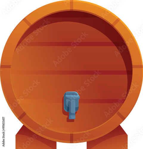 Wooden barrel standing vertically with a metal tap for beer or wine