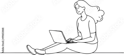 Woman Sitting And Working On Laptop Illustration