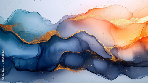 Abstract alcohol ink painting background in shades of blue, orange and gold details. 