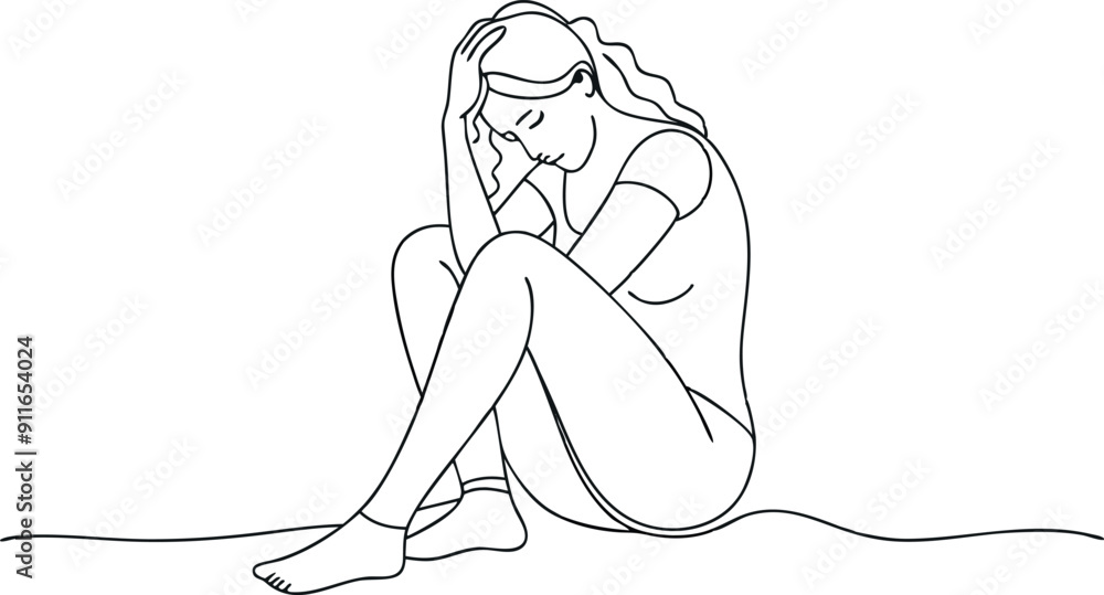Line Art of Woman Sitting with Head in Hands Line Art of Woman Sitting with Head in Hands
